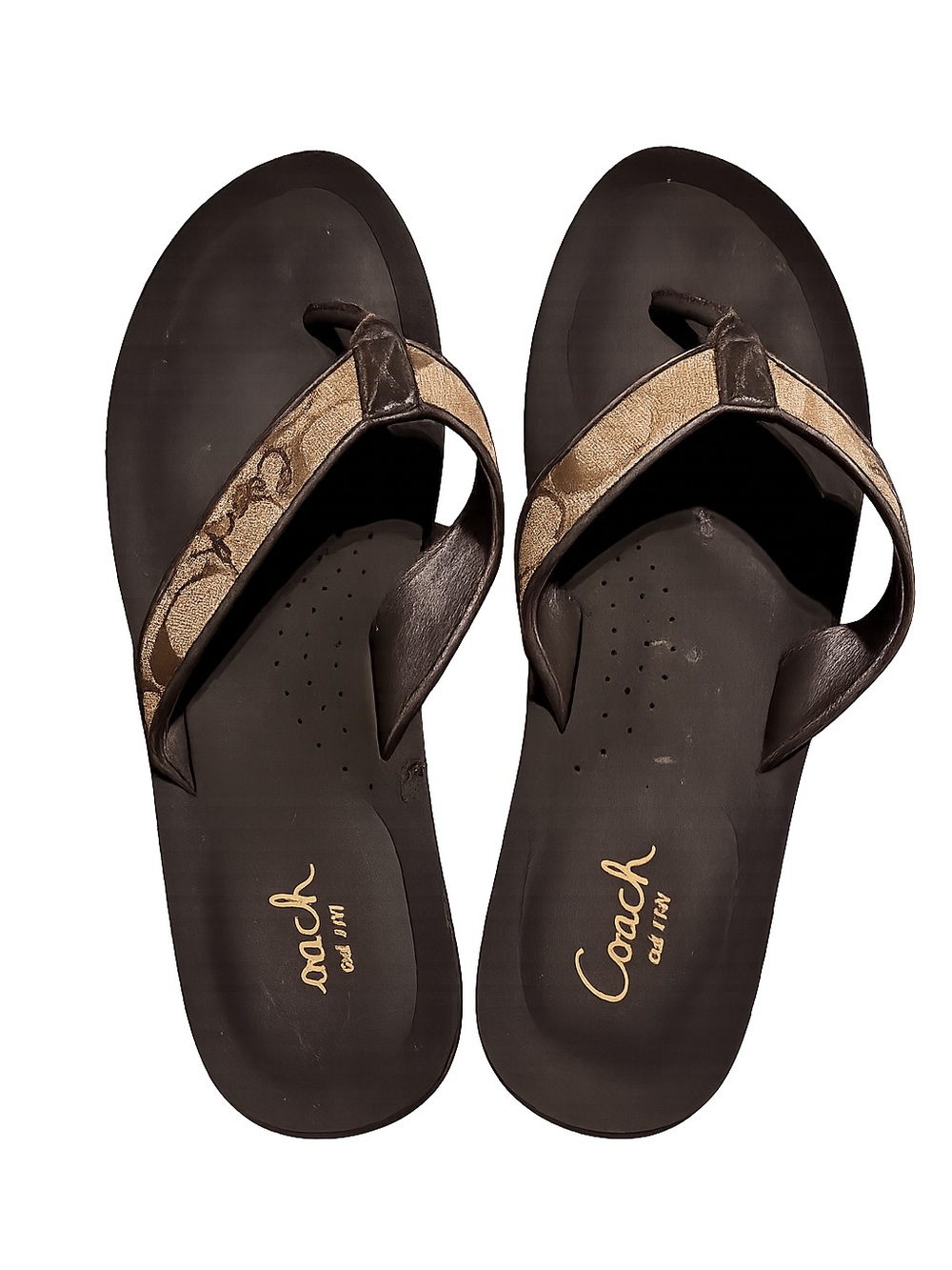 Coach Brown and Tan Signature Canvas Thong Sandals